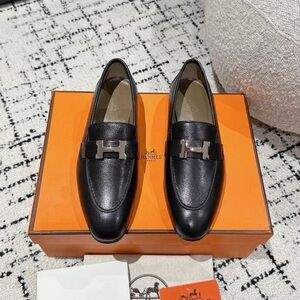 Hermes Black Leather Women's H-Buckle Loafers